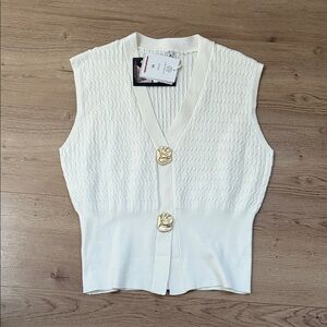 White Sleeveless Knit Vest with Gold Buttons